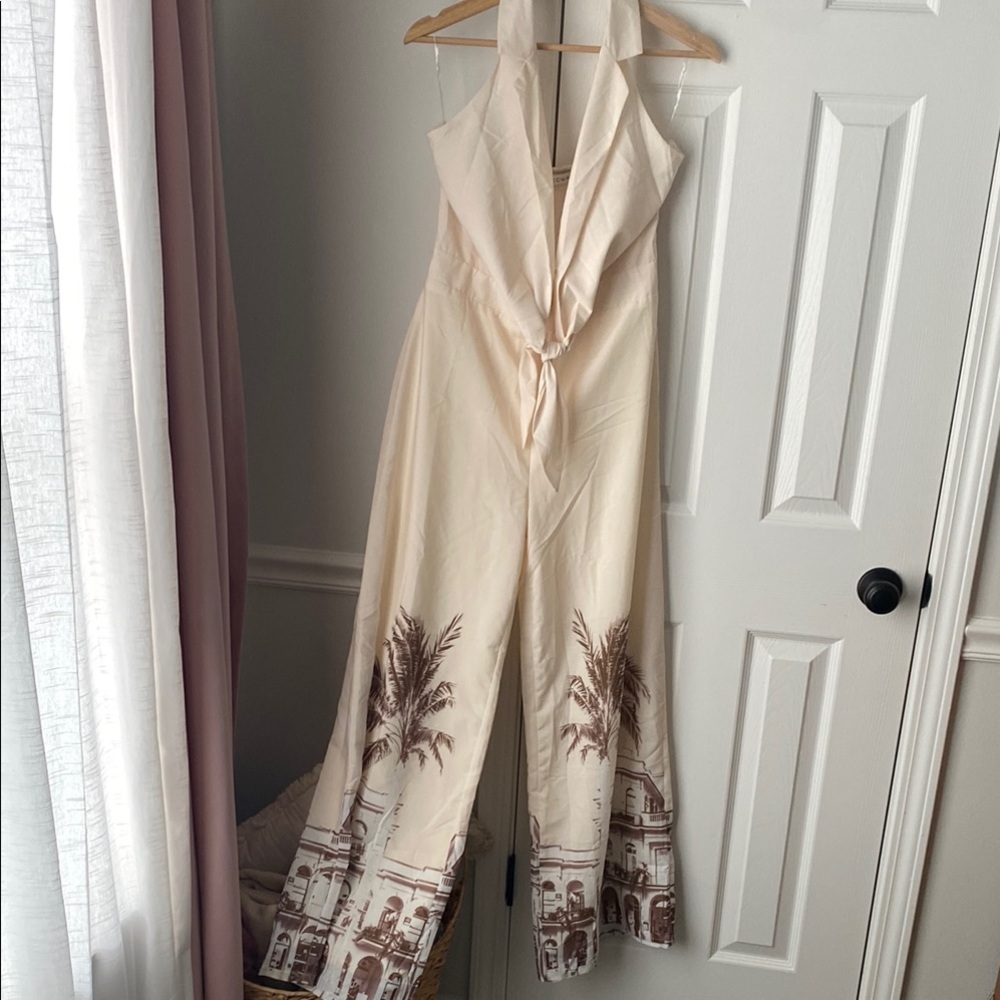 Cream and Brown Halter Jumpsuit